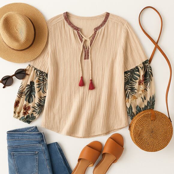 Johnny Was JW Workshop Blouse Women Small Tan Embroidered Sleeve Tassel Tie Boho - Picture 2 of 12